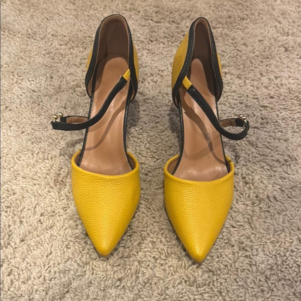 Yellow and Black Women's Ankle Strap Heels